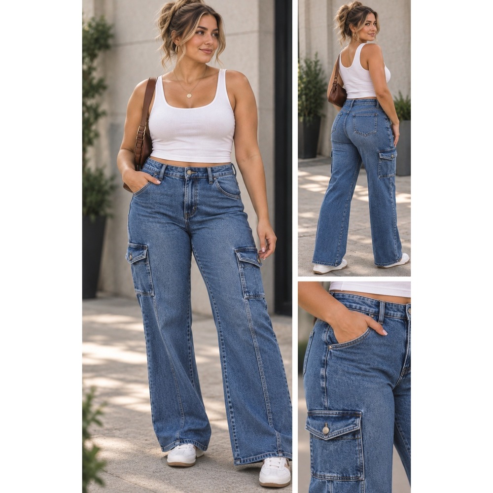Wild Fable Cargo Flare Jeans Size 16 Low Rise Utility Y2K Medium Wash #1631